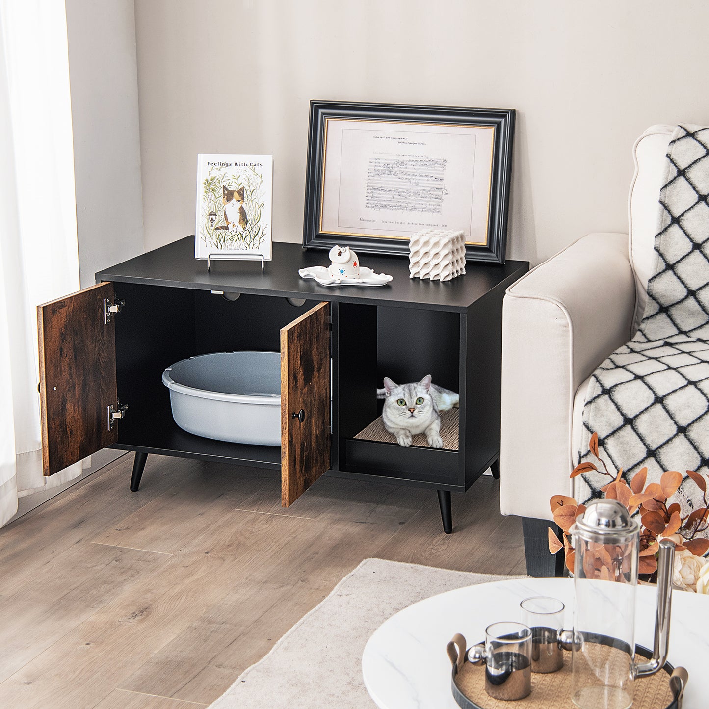 Modern Cat Litter Box Enclosure with Double Door Cabinet