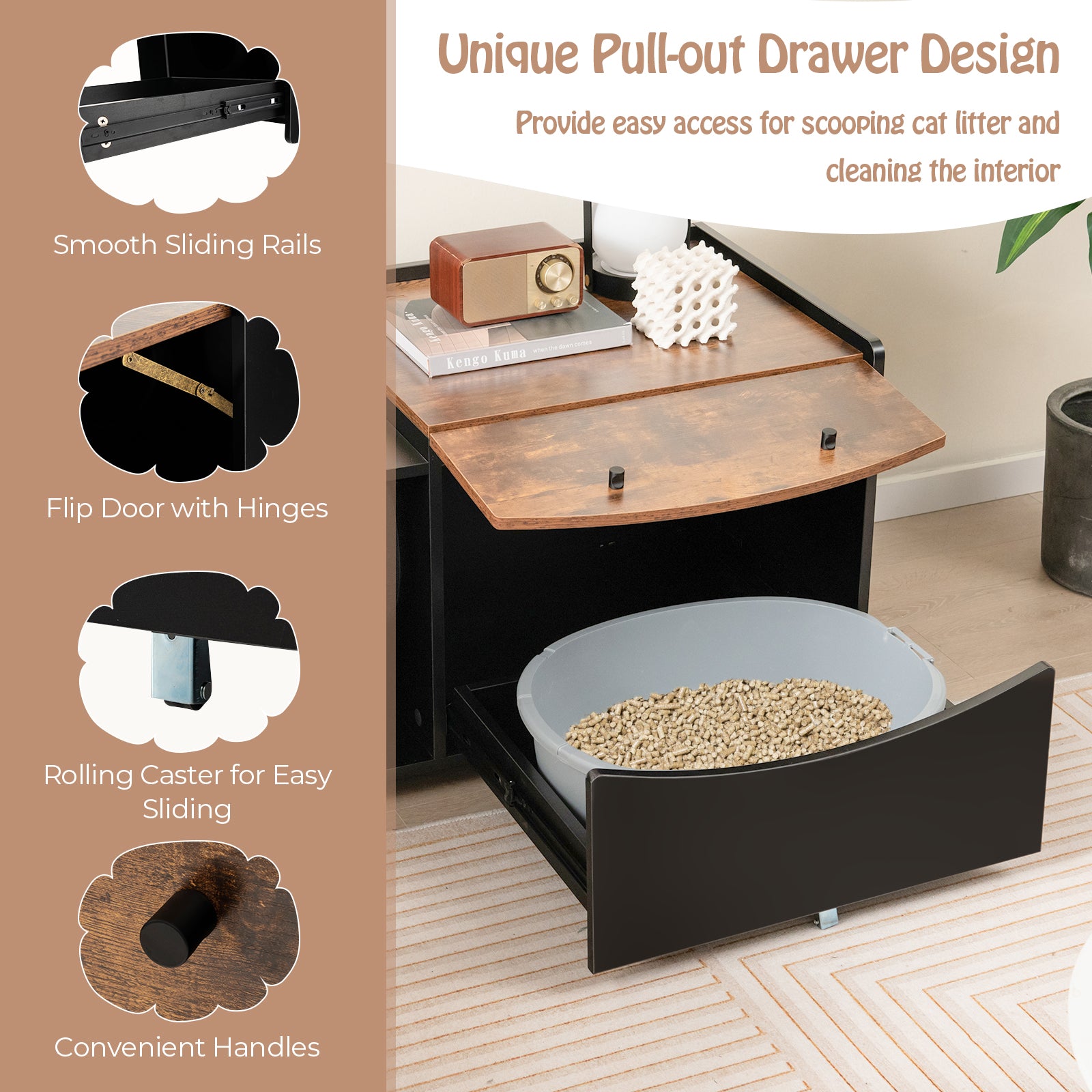 Cat Litter Box Enclosure with Pull-out Drawer, Rolling Caster and Flip Door-Black &amp; Brown