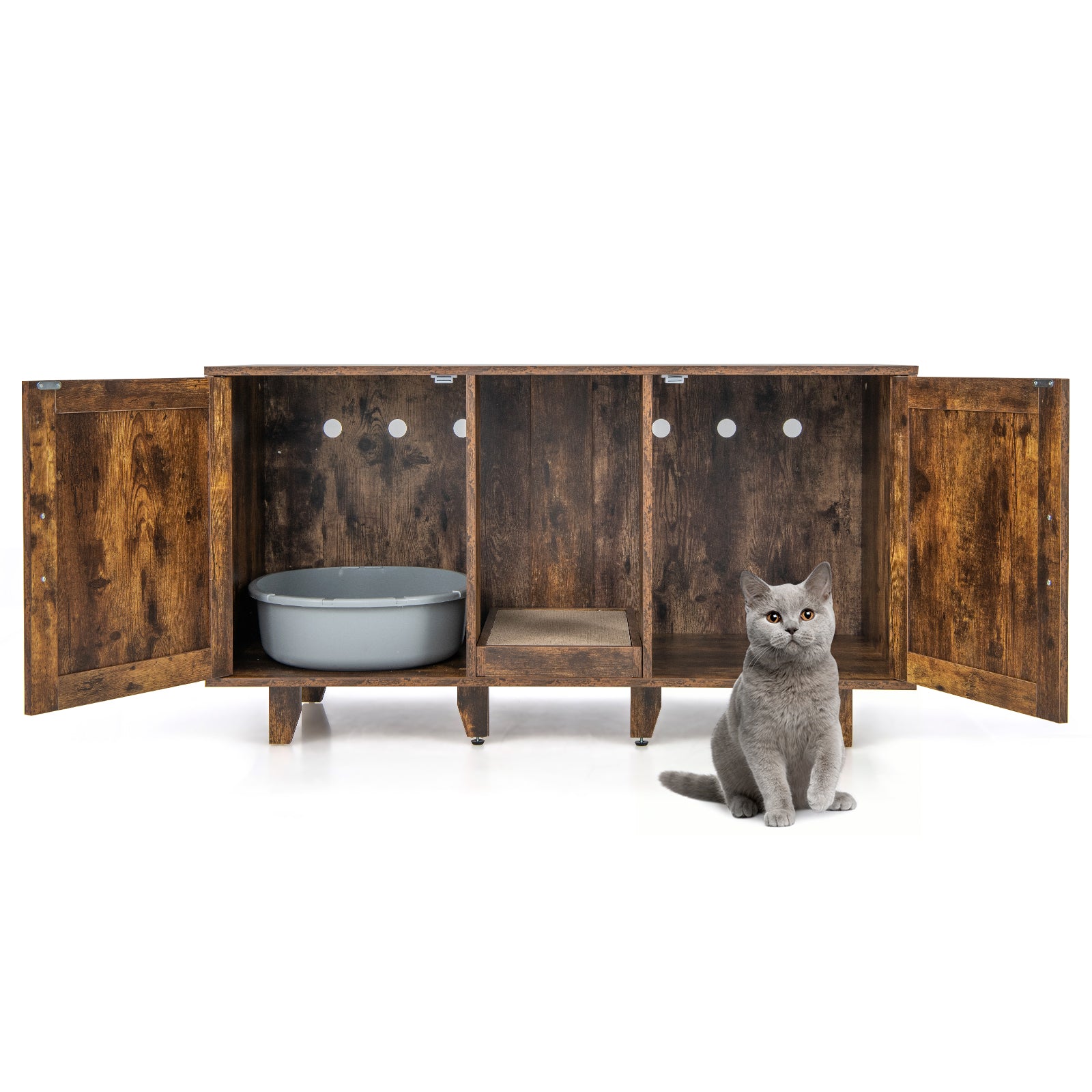 Cat Litter Box Enclosure with Scratching Board-Rustic Brown