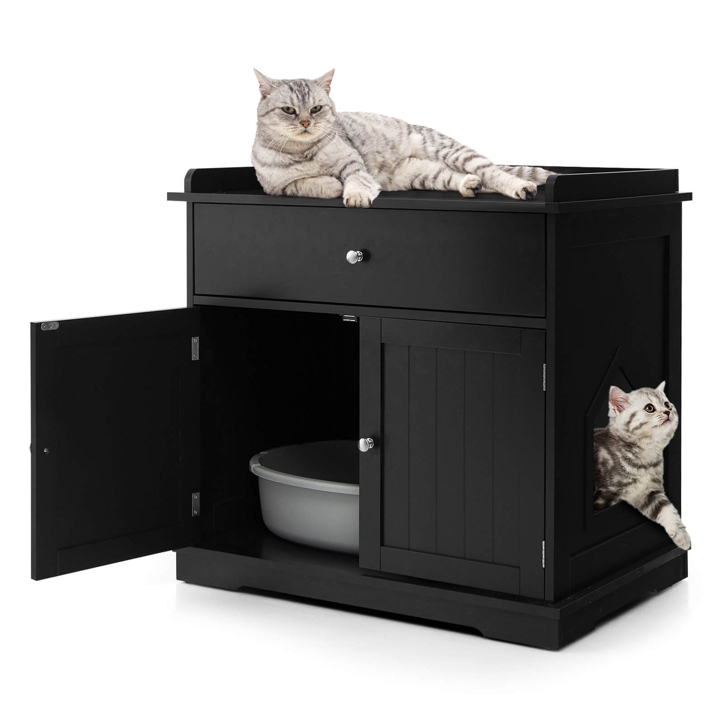 Large Wooden Cat Litter Box Hidden Washroom Toilet with Drawer-Black