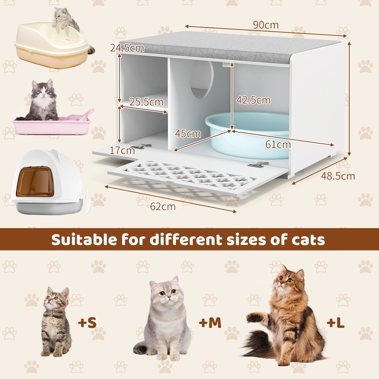 Cat Litter Box Enclosure with Removable Cushion and Door-White