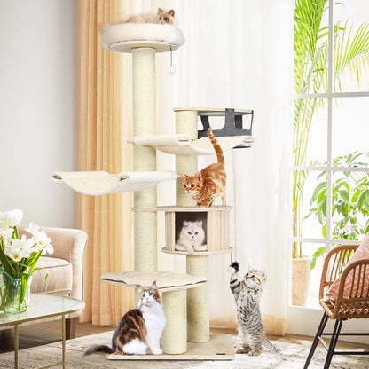 197 cm Multi-level Cat Tree Cat Tower for Play and Rest-Cream White