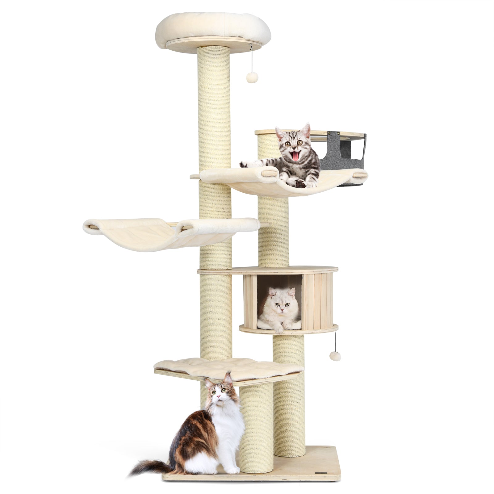 197 cm Multi-level Cat Tree Cat Tower for Play and Rest-Cream White