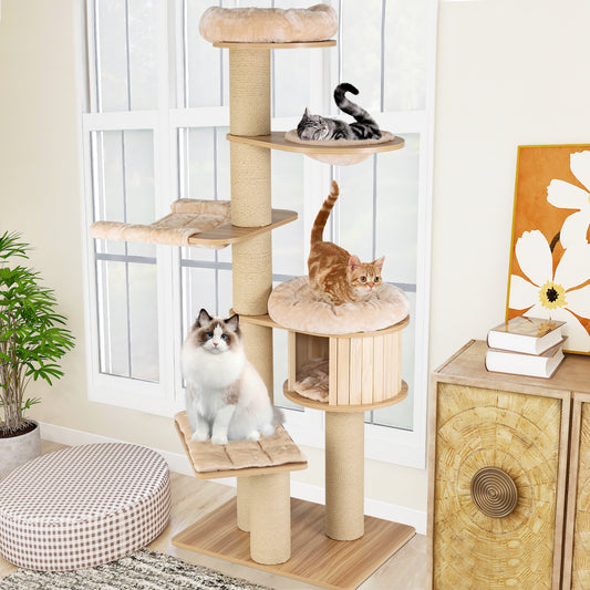 Modern Tall Cat Tree Tower with Wooden Cat Condo-Beige