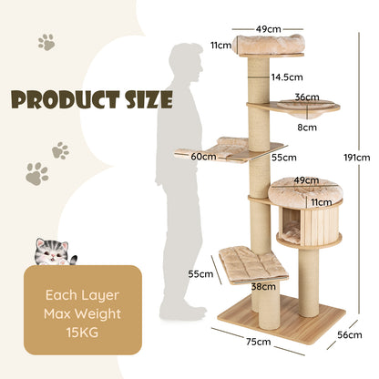 Modern Tall Cat Tree Tower with Wooden Cat Condo-Beige