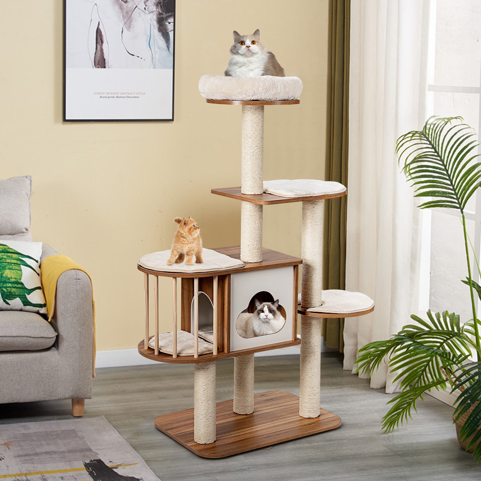 Cat Tree for Indoor Cats with Padded Plush Perch-Brown