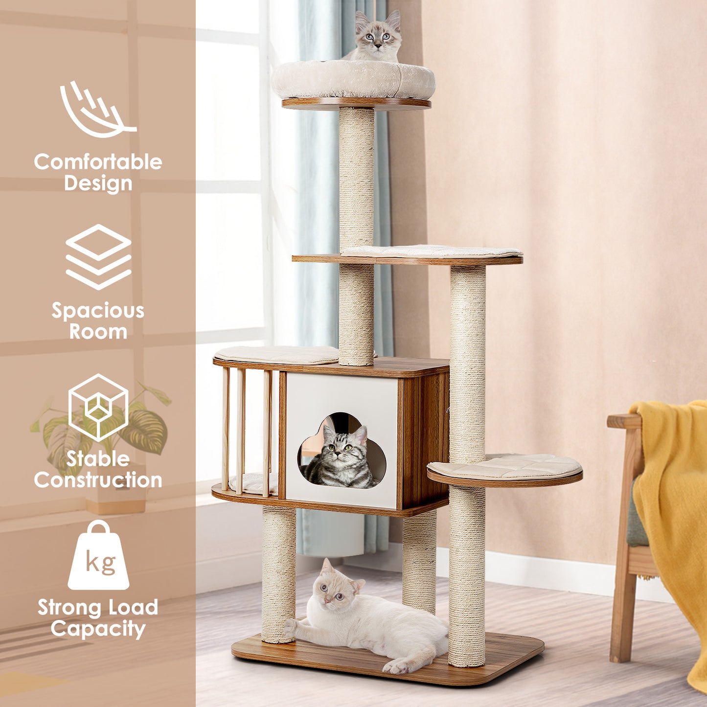 Cat Tree for Indoor Cats with Padded Plush Perch-Brown