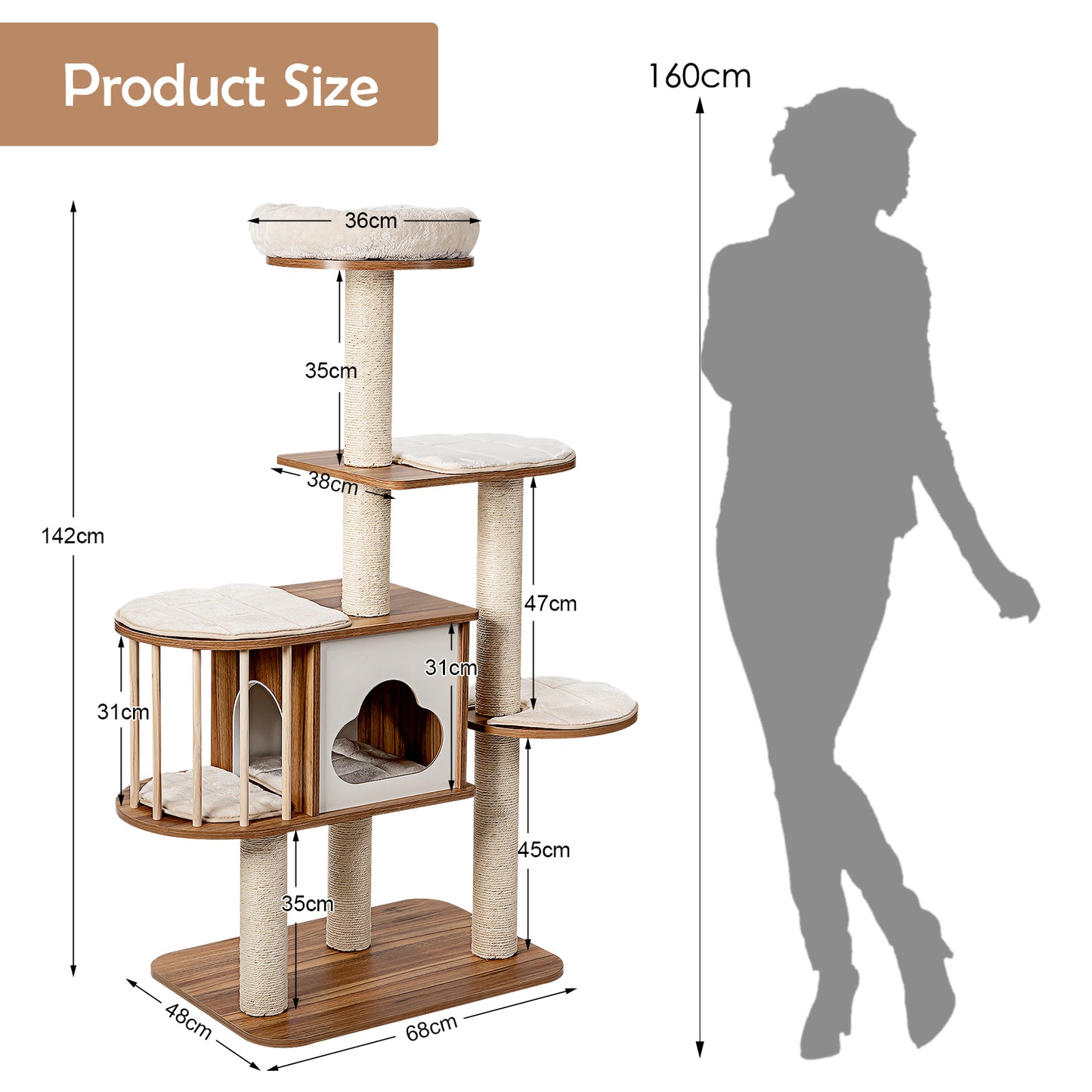 Cat Tree for Indoor Cats with Padded Plush Perch-Brown