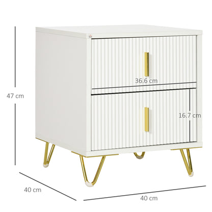 HOMCOM Bedside Table with 2 Drawers, Side End Table, Nightstand with Metal Frame for Living Room, Bedroom, White