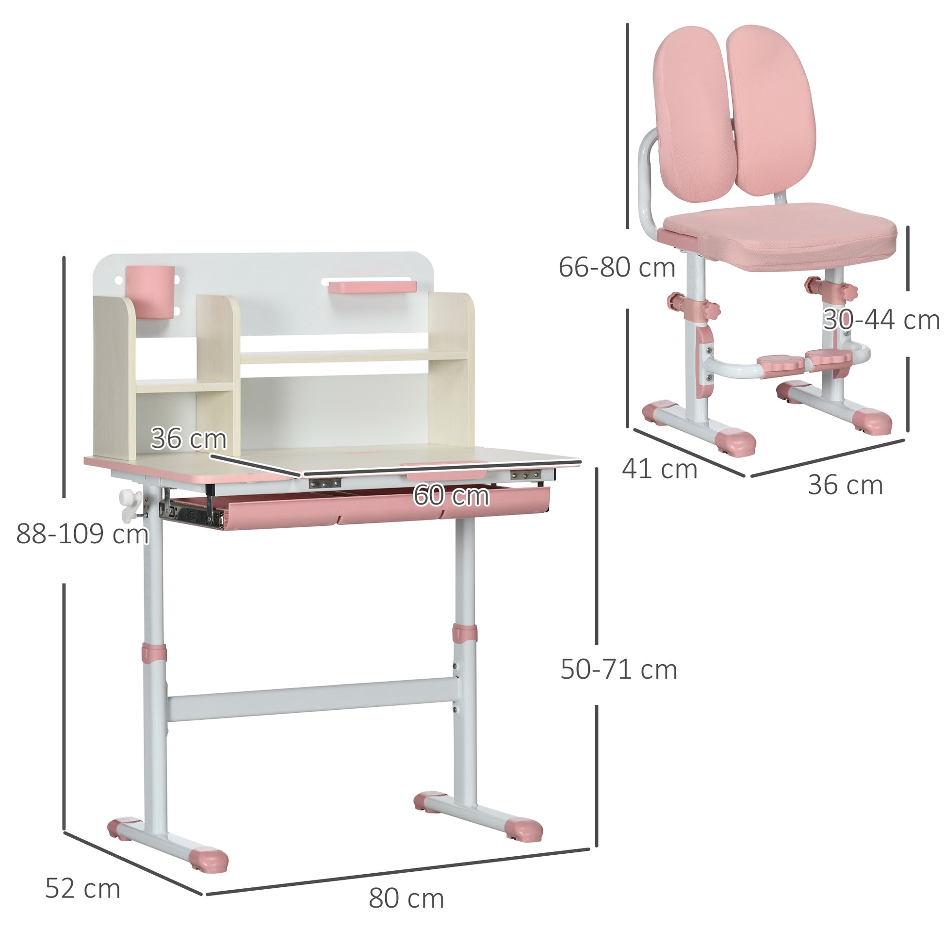 HOMCOM Kids Desk and Chair Set, Height Adjustable Kids School Desk & Chair Set w/ Shelves, Washable Cover, Anti-Slip Mat, for Kids 3-12, Pink