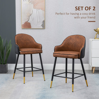 HOMCOM Modern Bar Stools Set of 2, Upholstered PU Leather Kitchen Stool, Bar Chairs with Tufted Back Steel Legs, Brown