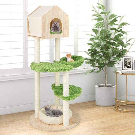 Wooden Cat Tree with Sisal Scratching Posts-Green