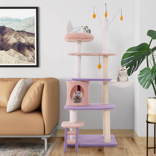 Multilevel Cat Tower with Ladder Sisal Covered Scratching Posts-Purple