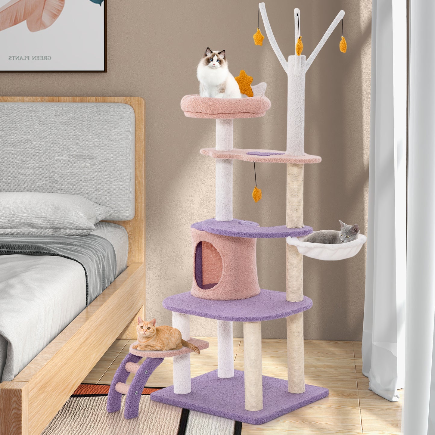 Multilevel Cat Tower with Ladder Sisal Covered Scratching Posts-Purple