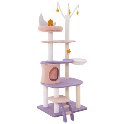 Multilevel Cat Tower with Ladder Sisal Covered Scratching Posts-Purple