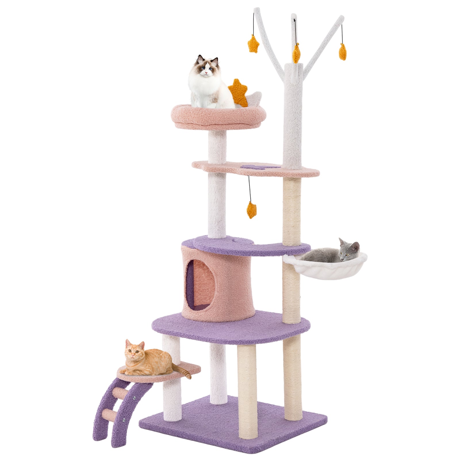 Multilevel Cat Tower with Ladder Sisal Covered Scratching Posts-Purple