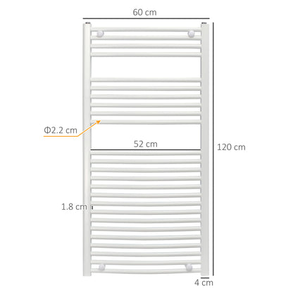 HOMCOM Straight Heated Towel Rail, Hydronic Bathroom Ladder Radiator Towel Warmer For Central Heating 600mm x 1200mm, White