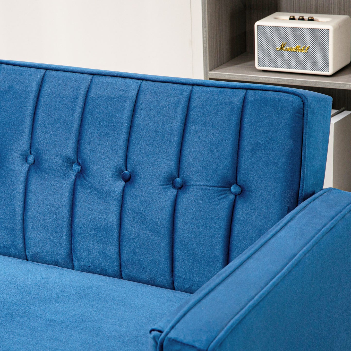 HOMCOM Modern Convertible Sofa Futon Velvet-Touch Tufted Couch Compact Loveseat with Adjustable Split Back, Blue