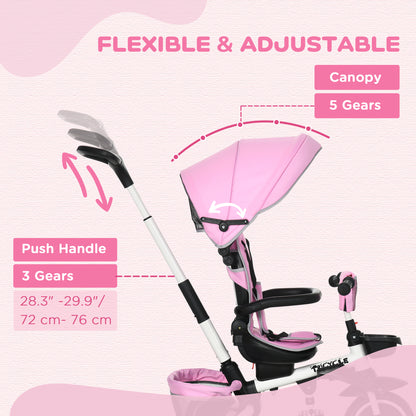 HOMCOM 7-in-1 Tricycle for Kids, Baby Trike with Rotatable Seat, Adjustable Push Handle Safety Harness Detachable Canopy Semi-reclining Footrest Pink