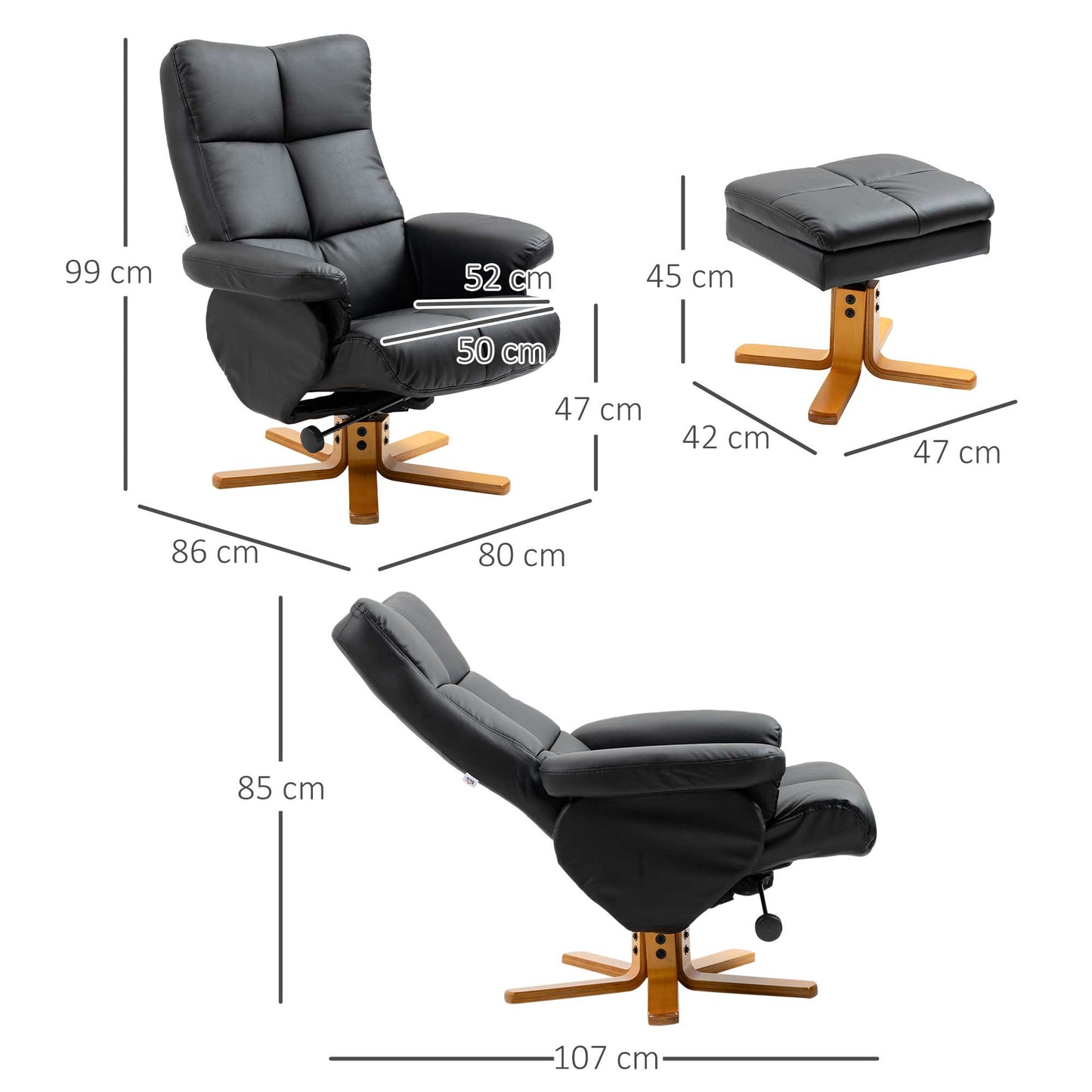 HOMCOM Faux Leather Swivel Recliner Chair with Footstool, Wooden Base and Storage for Living Room, Black