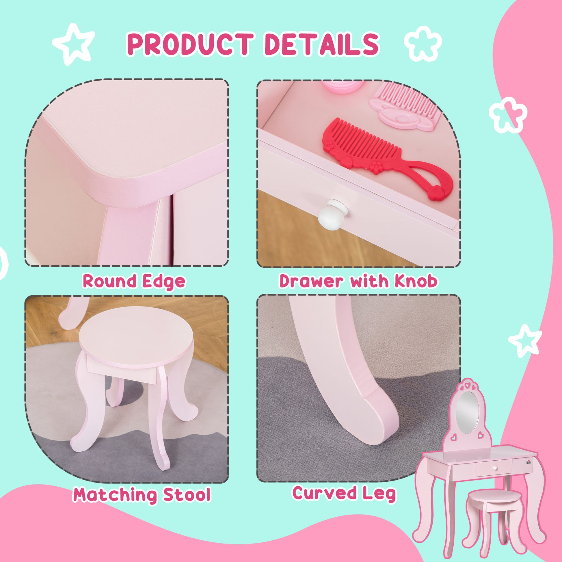 HOMCOM Kids Vanity Table & Stool Girls Dressing Set Make Up Desk Chair Dresser Play Set with Mirror Pink