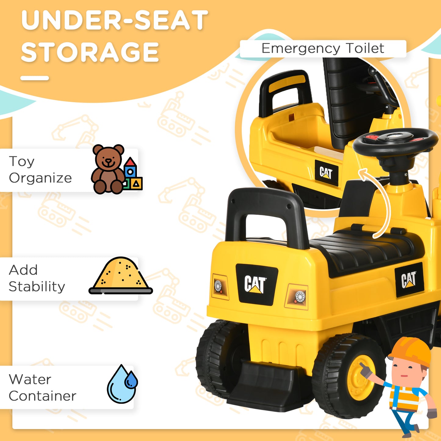 HOMCOM Licensed CAT Kids Ride on Digger Excavator with Manual Bucket, Toddler Pretend Construction Play Toy with Horn Under Seat Storage