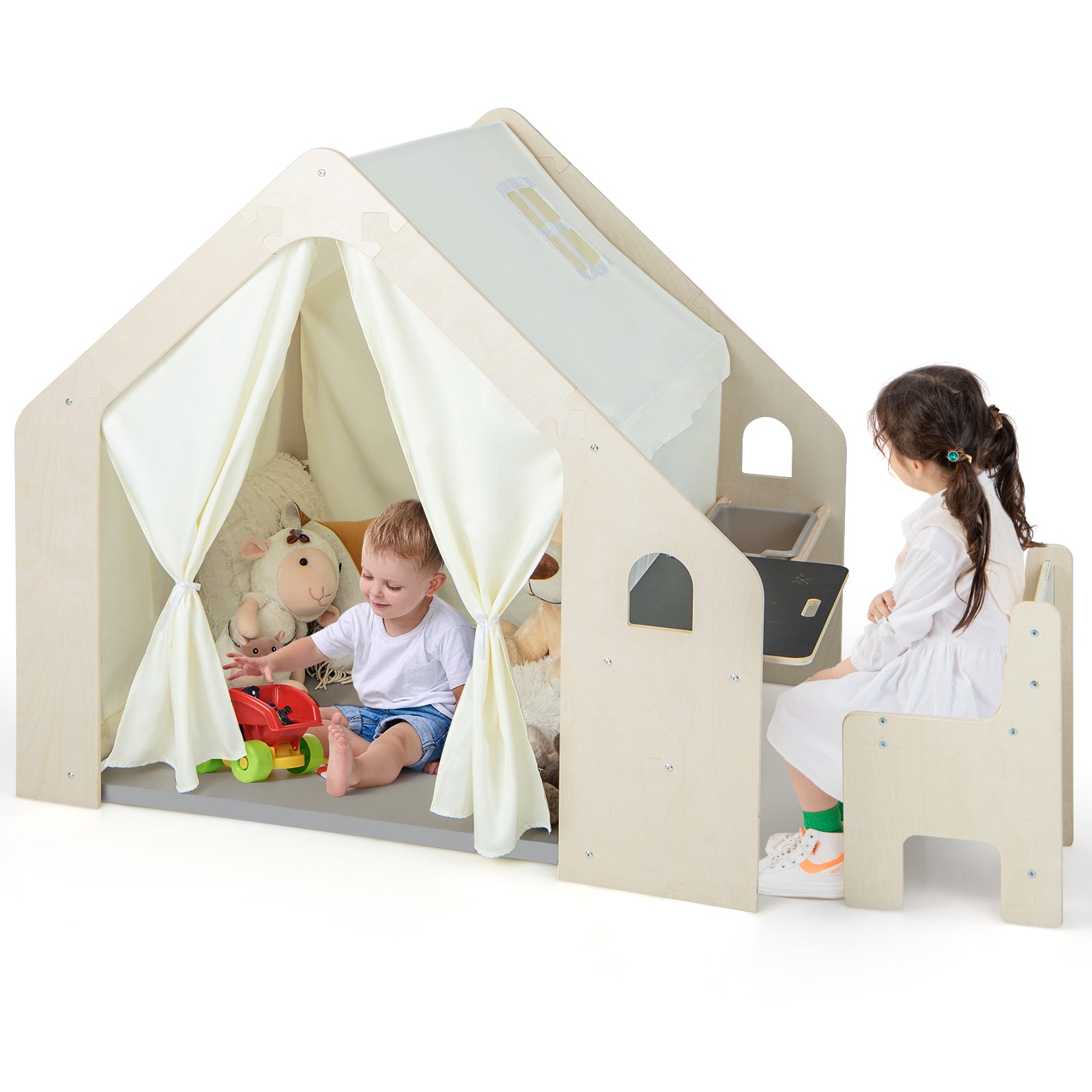 Indoor Playhouse with Storage Bin and Floor Mat for Toddlers-Natural