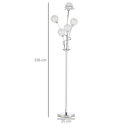 HOMCOM Crystal Floor Lamps for Living Room Bedroom with 5 Light, Modern Upright Standing Lamp, 34x25x156cm, Silver