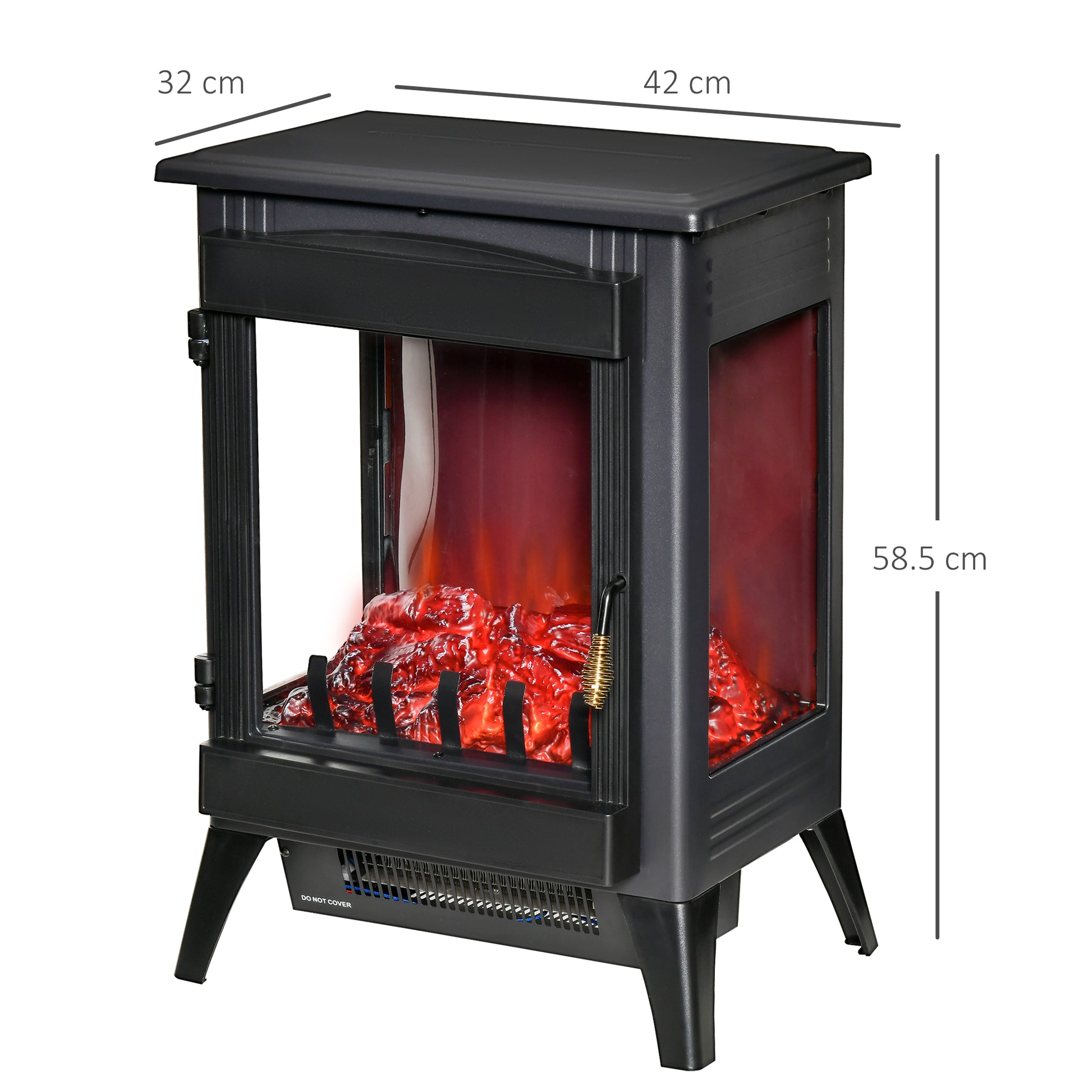 HOMCOM Free standing Electric Fireplace Stove, Fireplace Heater with LED Flame Effect, 3-sided Tempered Glass, Overheat Protection, 1000W/2000W, Black