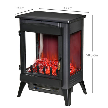 HOMCOM Free standing Electric Fireplace Stove, Fireplace Heater with LED Flame Effect, 3-sided Tempered Glass, Overheat Protection, 1000W/2000W, Black