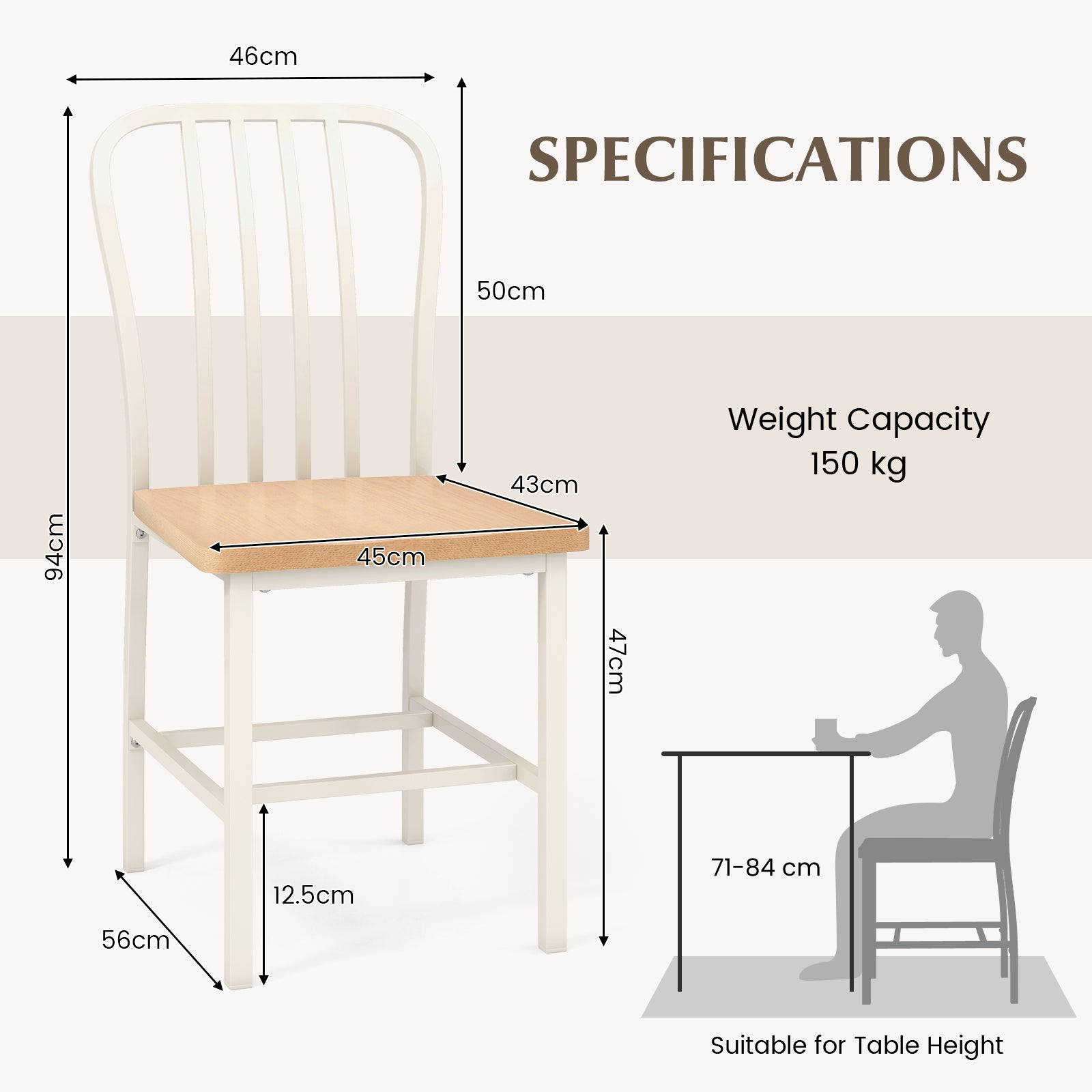 Kitchen Dining Chair Set of 2 with Ergonomic Seat and Footrest-White