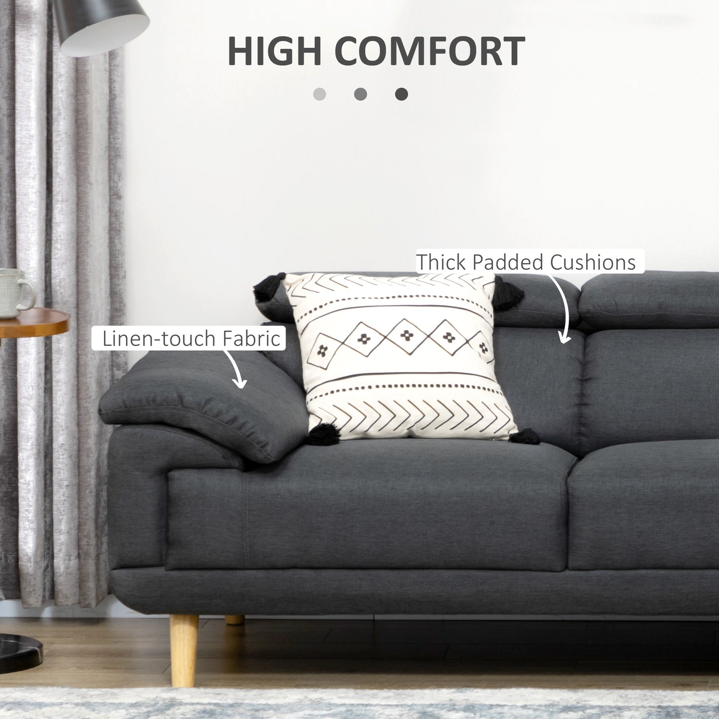 HOMCOM Corner Sofas for Living Room, Fabric L Shaped Sofa Settee with Adjustable Headrest, 3 Seater Couch, Dark Grey