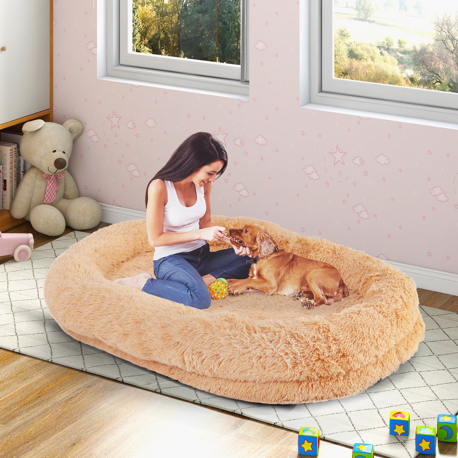 Human Dog Bed with Soft Blanket and Present Plump Pillow-Brown