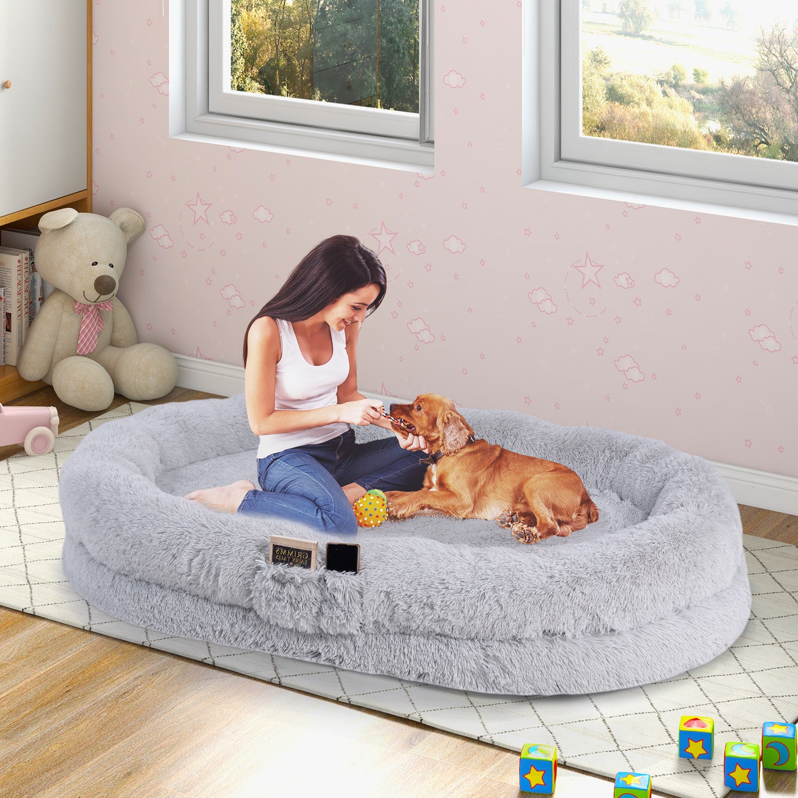 Human Dog Bed with Soft Blanket and Present Plump Pillow-Grey