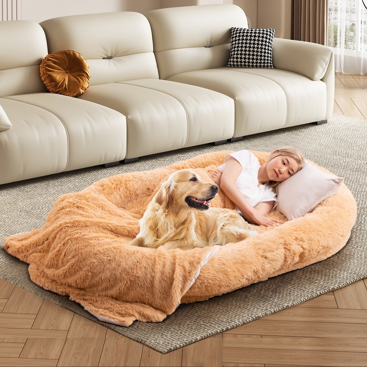 Human Dog Bed with Soft Blanket and Present Plump Pillow-Brown