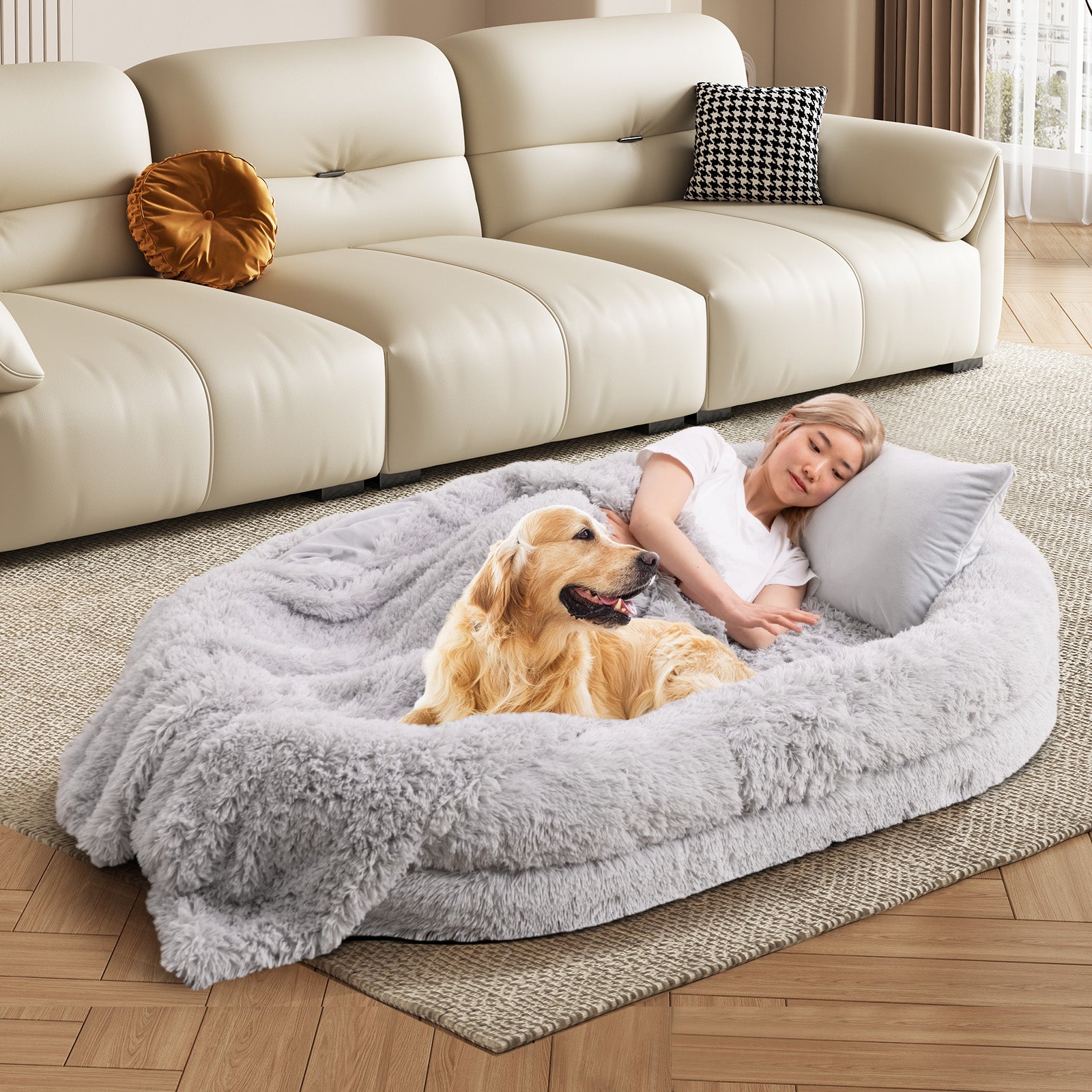 Human Dog Bed with Soft Blanket and Present Plump Pillow-Grey