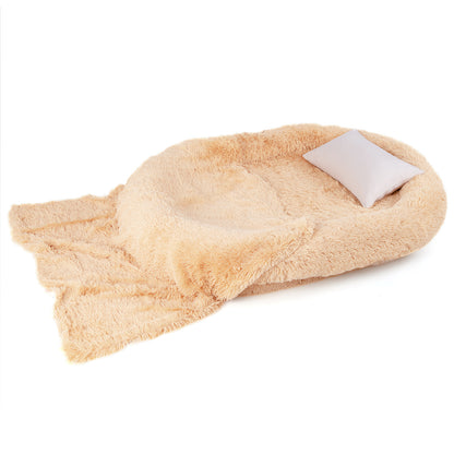 Human Dog Bed with Soft Blanket and Present Plump Pillow-Brown