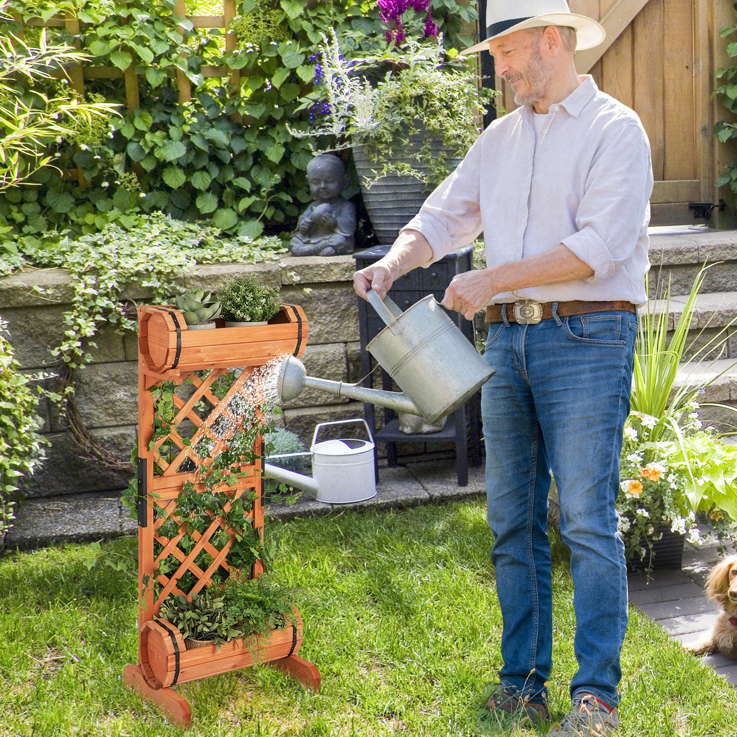 Outdoor Wooden Raised Garden Bed with Trellis and 2-tier Planter Box-Natrual