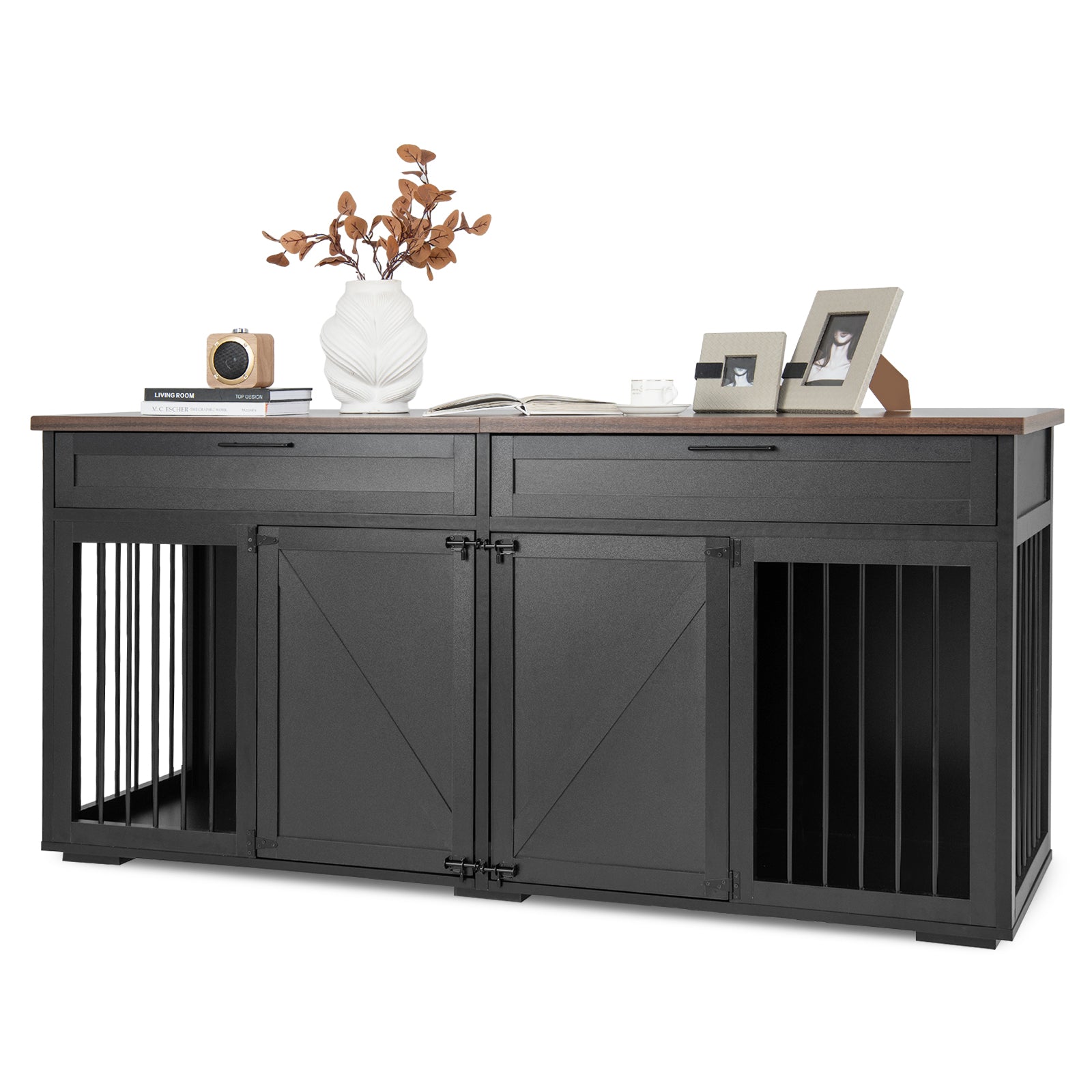 Double Dog Crate Furniture Breed Wood Dog Kennel with Room Divider-Black