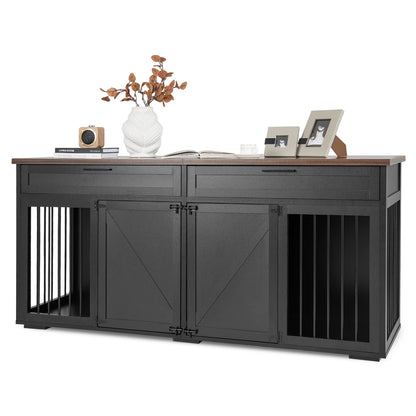 Double Dog Crate Furniture Breed Wood Dog Kennel with Room Divider-Black