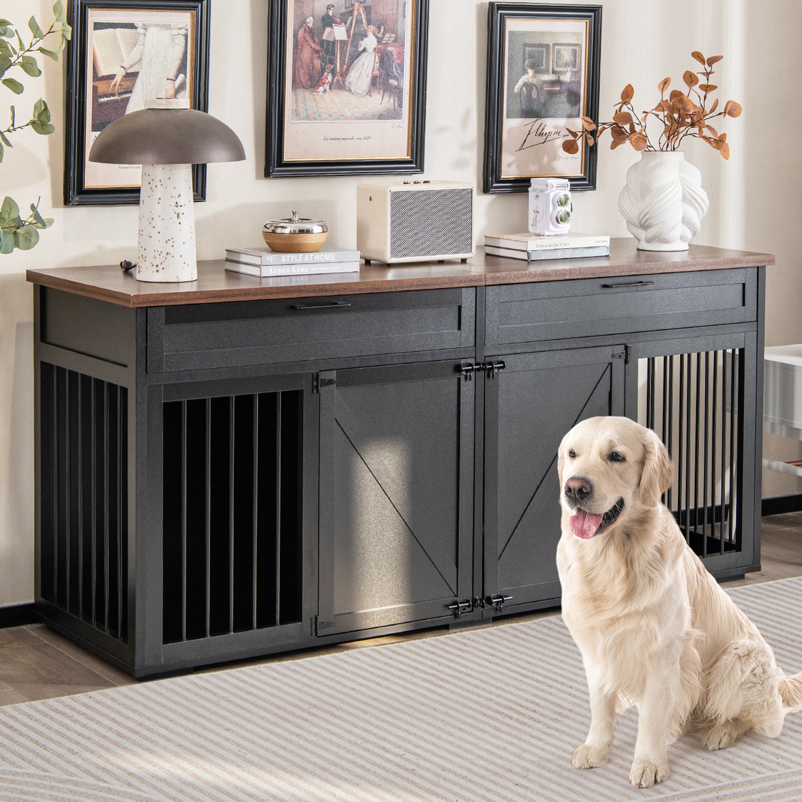 Double Dog Crate Furniture Breed Wood Dog Kennel with Room Divider-Black