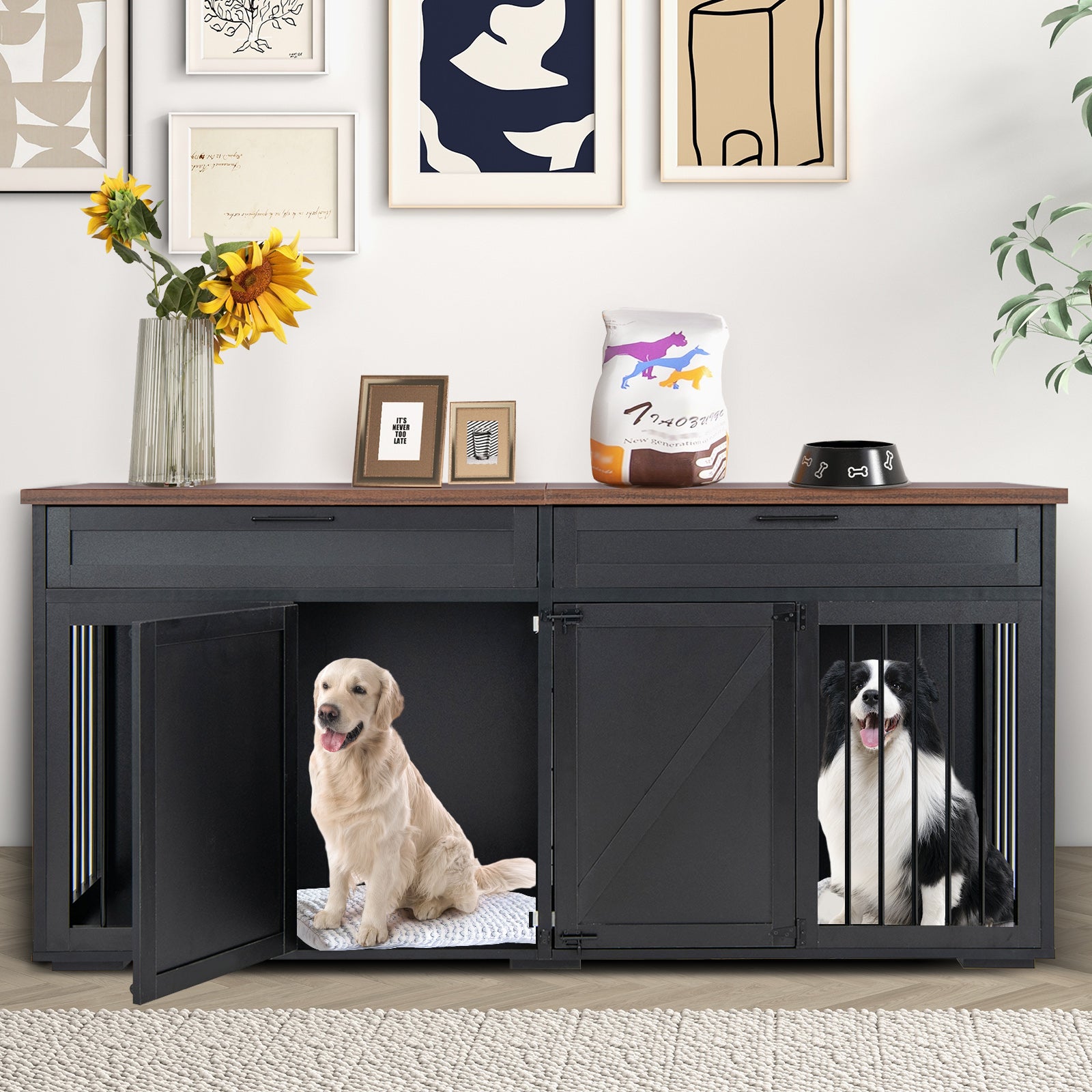 Double Dog Crate Furniture Breed Wood Dog Kennel with Room Divider-Black