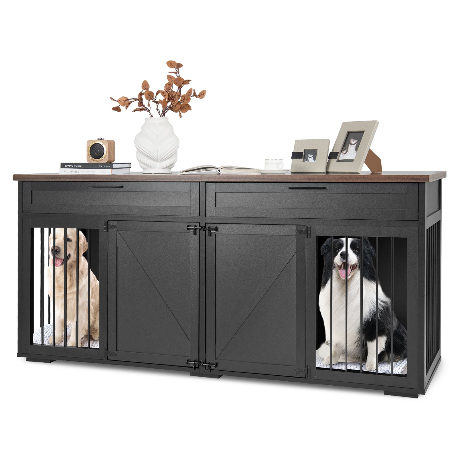 Double Dog Crate Furniture Breed Wood Dog Kennel with Room Divider-Black