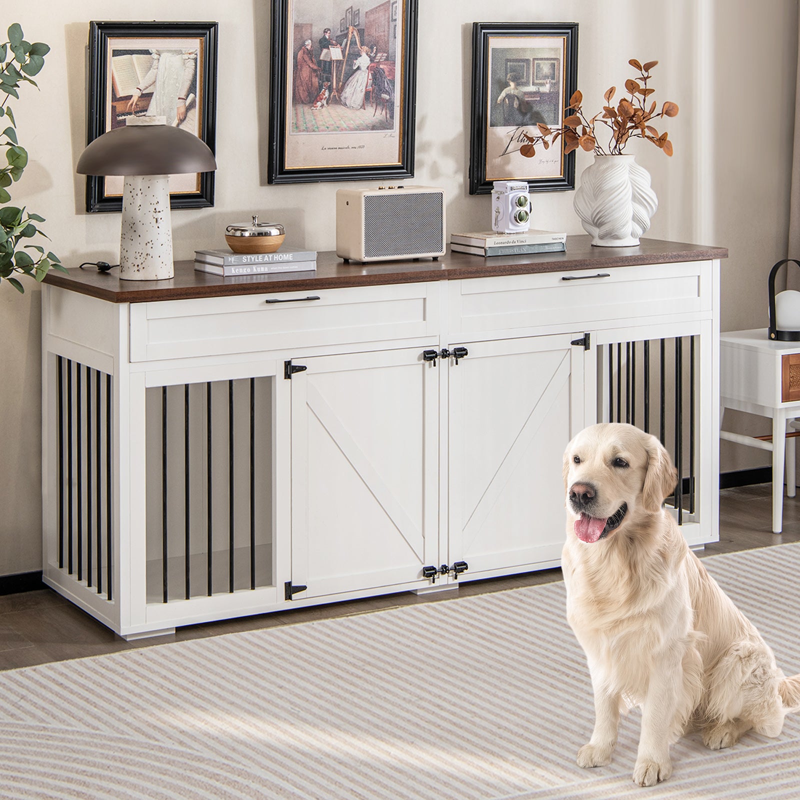 Double Dog Crate Furniture Breed Wood Dog Kennel with Room Divider-White