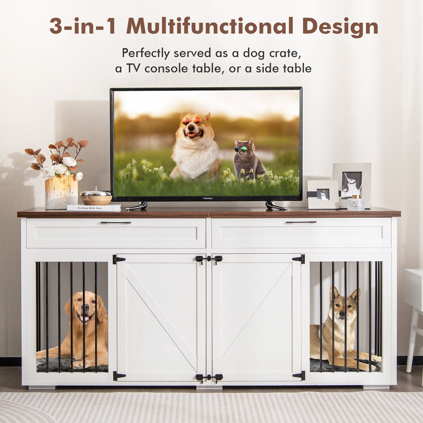 Double Dog Crate Furniture Breed Wood Dog Kennel with Room Divider-White