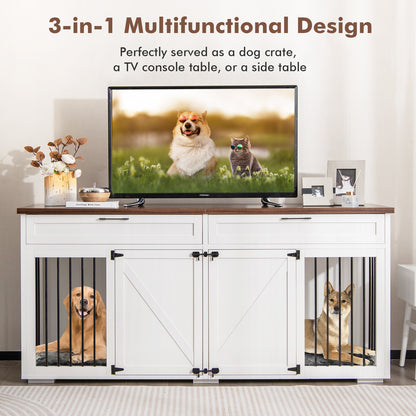 Double Dog Crate Furniture Breed Wood Dog Kennel with Room Divider-White