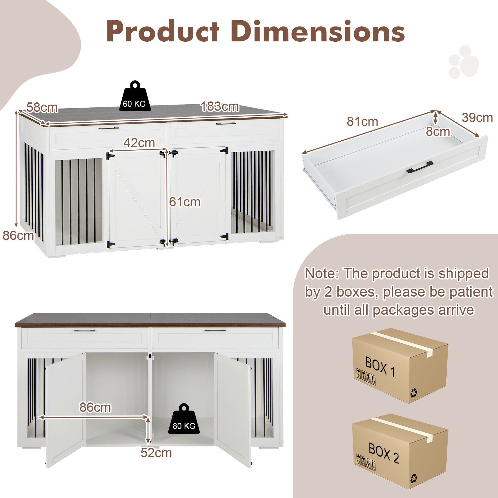 Double Dog Crate Furniture Breed Wood Dog Kennel with Room Divider-White