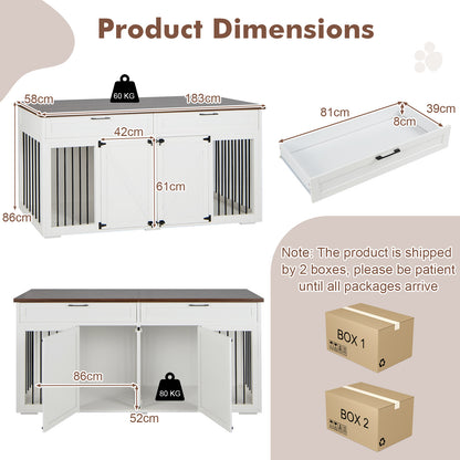 Double Dog Crate Furniture Breed Wood Dog Kennel with Room Divider-White