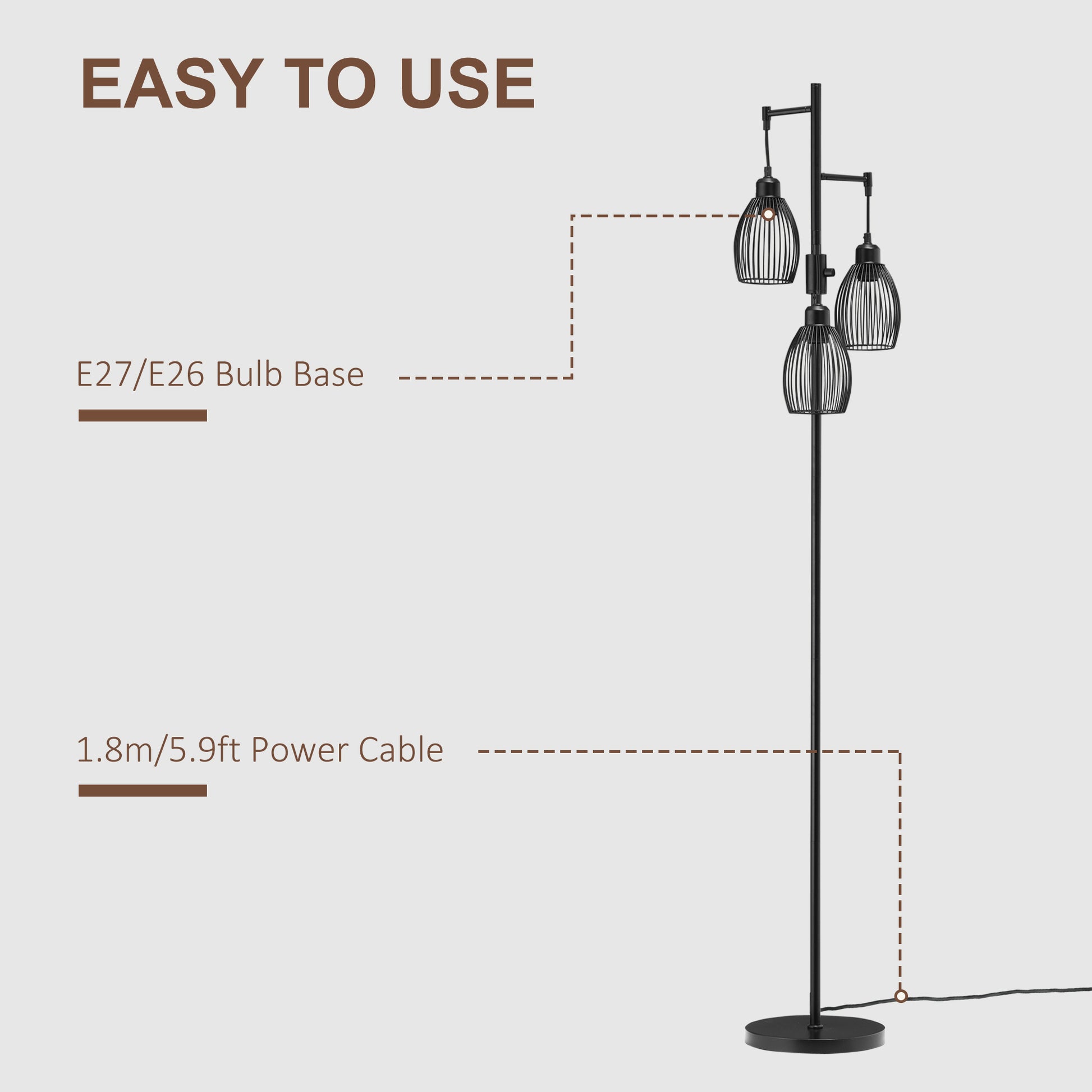 HOMCOM Industrial 3-Light Floor Lamp, Dimmable Standing Lamp with Metal lampshades for Living Room, Bedroom, Dinging Room, Study, Black