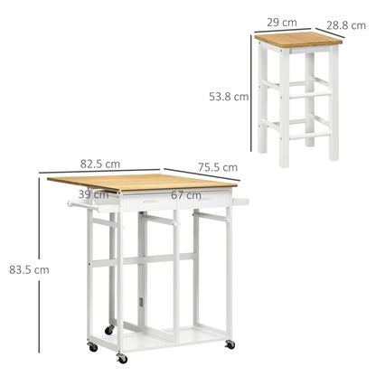 HOMCOM Kitchen Island Set with 2 Stools, Bamboo Breakfast Cart with Drop Leaf Top, Drawers and Towel Rack, Rolling Kitchen Cart and Chairs Set, White